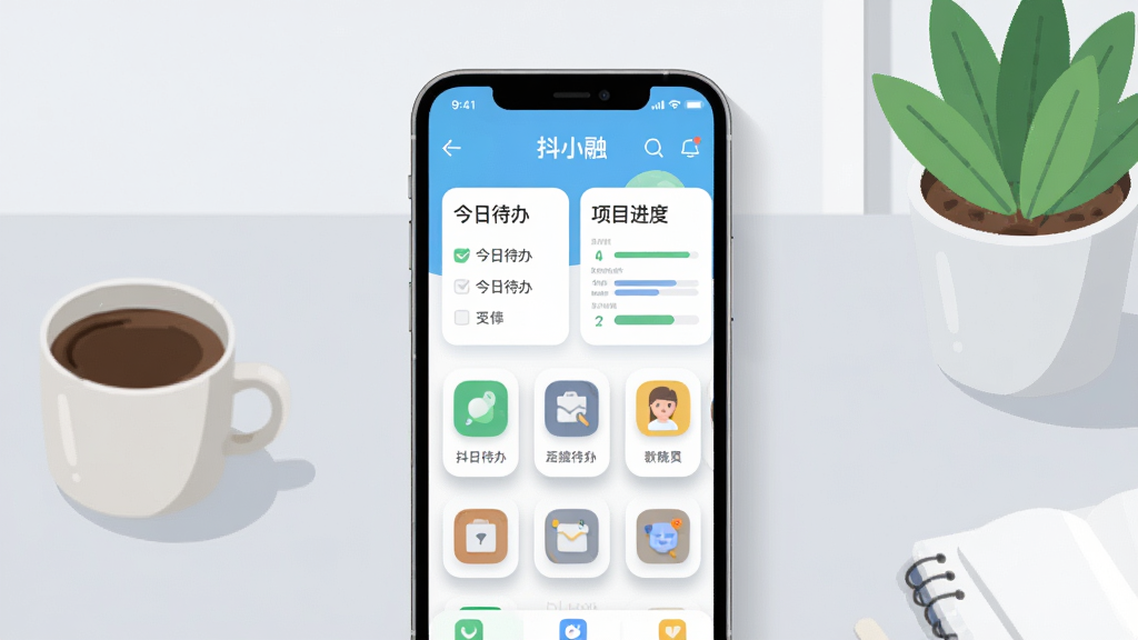 主体为一部亮着屏幕的智能手机,屏幕中清晰展示“抖小融”应用主界面,界面顶部有“今日待办”与“项目进度”卡片,整体布局简洁现代;背景为浅灰色办公桌面,摆放一杯咖啡与一盆绿植;排版采用居中构图,手机位于视觉中心;风格为扁平化插画,色彩明快清新;细节包括屏幕内图标的圆角设计与投影效果;画质高清干净,无多余元素。