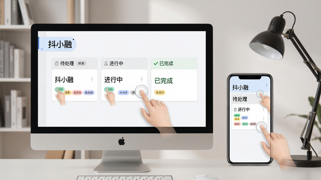 电脑显示器与手机并排摆放,屏幕中显示“抖小融”任务看板界面,包含“待处理”、“进行中”、“已完成”三列卡片;画面采用平视角度,布局规整,展示拖拽操作的手势;背景为简约书房,书架与台灯点缀;风格写实,色彩柔和自然;细节突出卡片上的任务标题与彩色标签;画质干净,无杂乱元素。