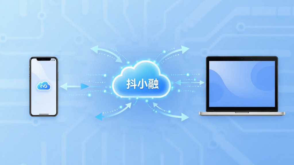 画面中央为“抖小融”云端同步示意图,左侧手机、右侧电脑,二者通过发光的云朵图标连接,周围环绕箭头与数据流线条;背景为渐变的浅蓝色科技感底纹;排版对称,主体突出;风格简约科技风,线条流畅;细节包括连接线上的微小光点;画质高清,干净无多余元素。