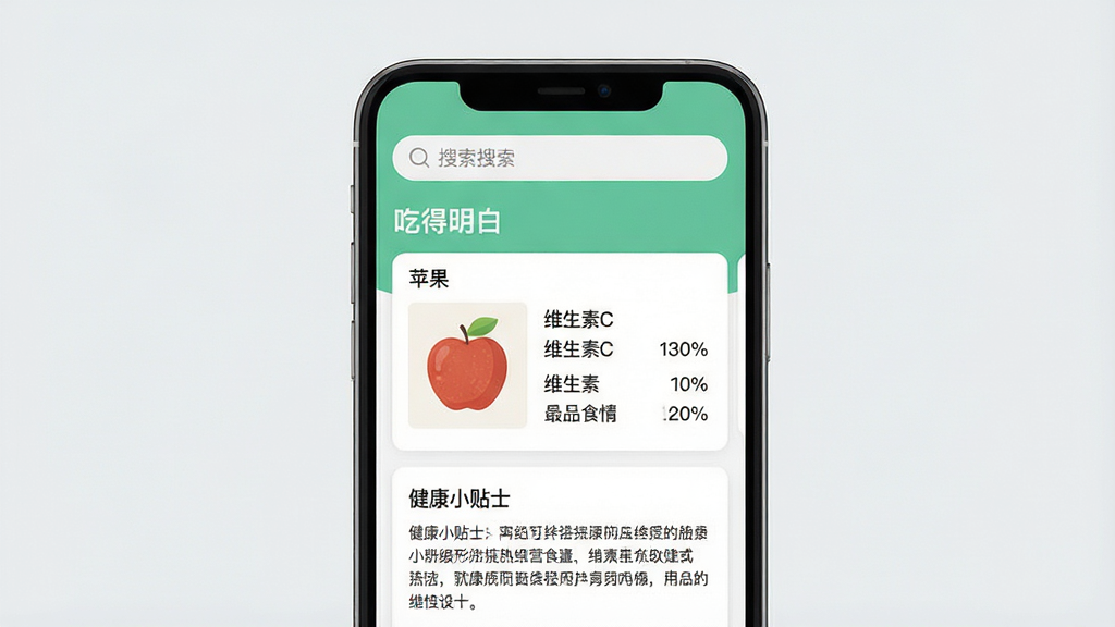 ���壺�ֻ���Ļ��ʾ���Ե����ס�APP�е�ʳ��ٿ�ҳ�棬չʾһ��ˮ����Ӫ���ɷֱ��ͽ���С��ʿ�����֣��ֻ����У�����Ϊ����ǳ��ɫ���Ű棺ҳ�涥�������������·���ͼ�Ŀ�Ƭ����񣺱�ƽ��UI��ƣ�ɫ�����¡�ϸ�ڣ���Ļ���С�ƻ����������չʾ������ά����C���������ݡ����ʣ����壬�ɾ����޶���Ԫ�ء�