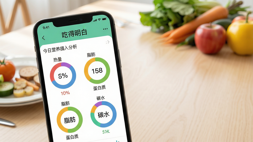 ���壺�ֻ���Ļ��д��������ʾ���Ե����ס�APP�Ľ���Ӫ����������Ǳ��̣����������������ʡ�֬����̼ˮ�Ȳ�ɫ����ͼ�����֣��ֻ�λ�ڻ�������ƫ���Ҳ����ף�����Ϊǳɫľ�Ʋ��������������߹����Ű棺�������������ݿ��ӻ���Բ��ͼ���������ֱ�ǩ�������ʵ��Ӱ�������ͨ͸����Ȼ�⡣ϸ�ڣ���Ļ���������ɱ棬ͻ�����Ե����ס�������ʳ����̾��¡����ʣ�4K���壬�ɾ����޶���Ԫ�ء�