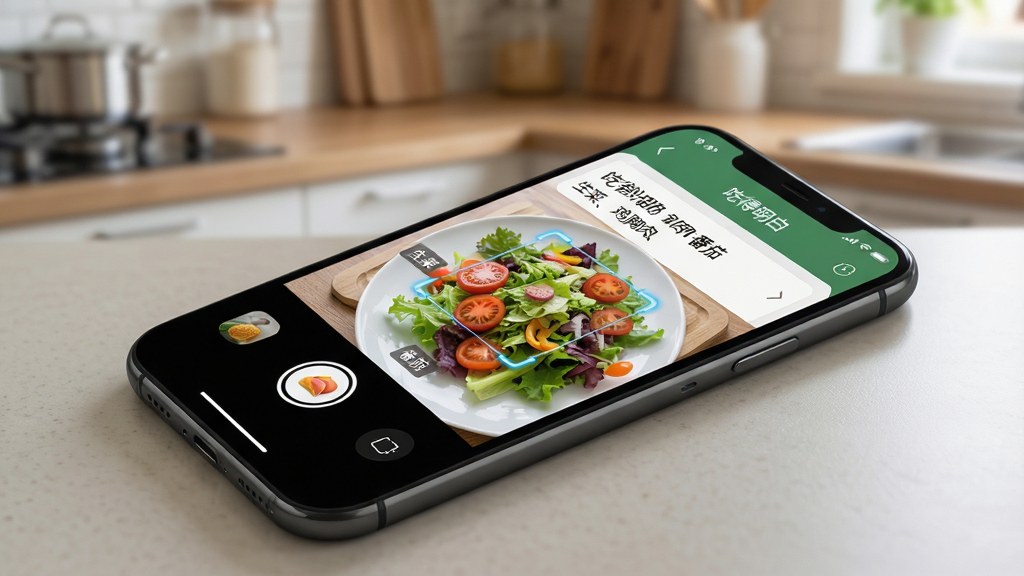 ���壺һ���ֻ������ڳ���̨�棬��Ļ��ʾ���Ե����ס�APP������ʶ����棬��׼һ��ɫ���������г���ʶ����ʳ�ı�ע�����֣��ֻ�б�ţ��ӽ��Ը��ӣ�������ģ���ĳ����������Ű棺��Ļ����ʾʶ�����б����硰���ˡ������⡢���ѡ������дʵ�����񣬹�����͡�ϸ�ڣ��ֻ���Ļ������ʶ������ԣ�ʳ�����ʡ����ʣ����壬�ɾ����޶���Ԫ�ء�