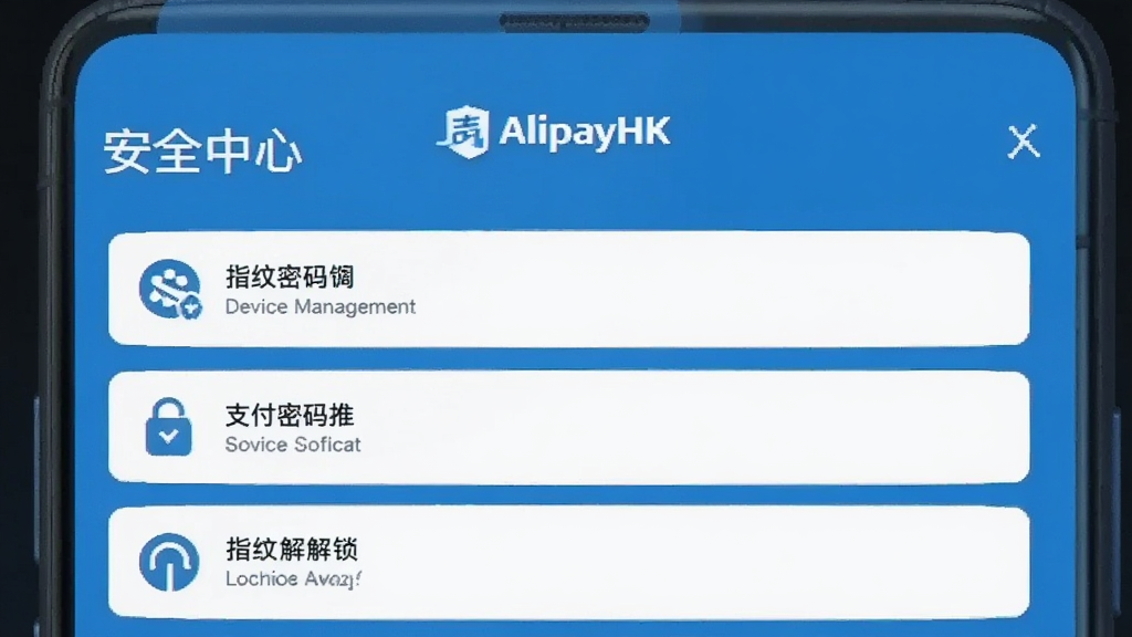 һ��չʾAlipayHK��ȫ���Ľ�����ֻ���ͼ����Ļ���С���ȫ���ġ���������ʾ�豸������֧�����롢ָ�ƽ�����ѡ�����Ϊ����ɫ������࣬�����������޶���Ԫ��