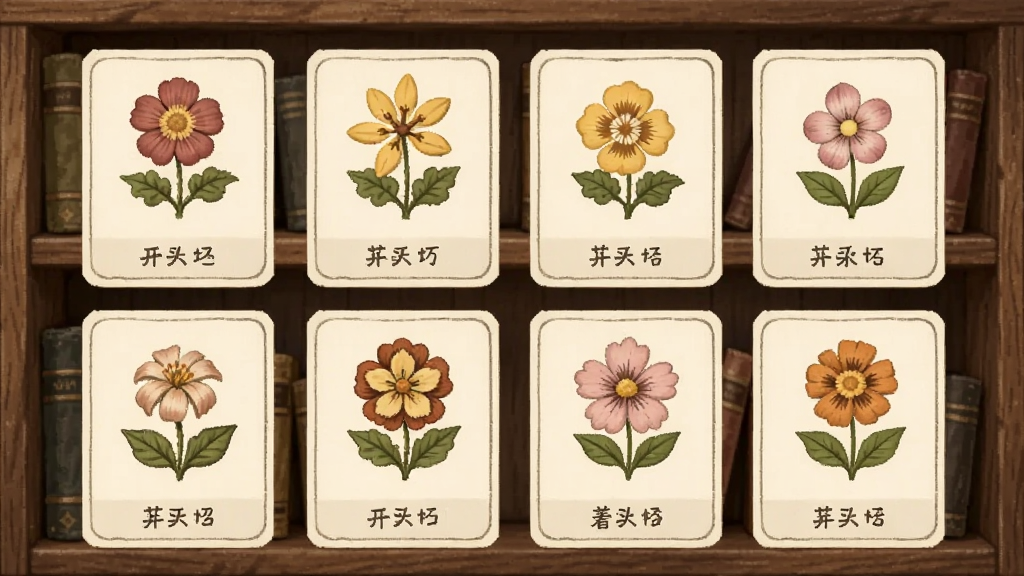 开心种花图鉴界面,展示各种花朵的卡片,每张卡片上都有花朵的插画和名字,背景是木质书架,整体风格复古,画质干净,无多余元素