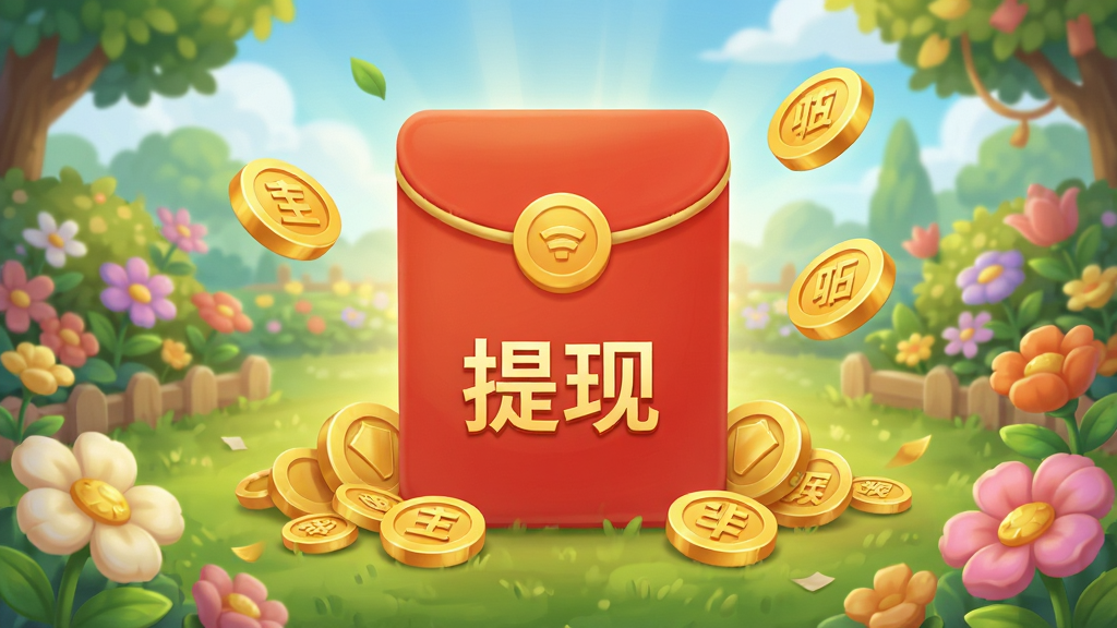 开心种花游戏奖励界面,画面中央是一个大大的红包,周围散落着金币和花朵,背景是花园,红包上写着“提现”字样,整体风格喜庆,画质干净,无多余元素