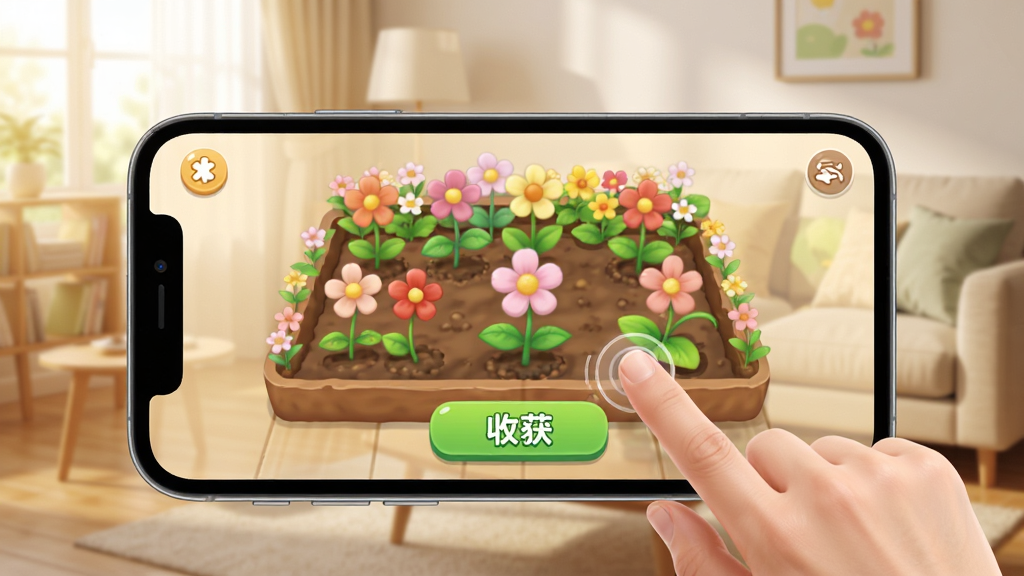 开心种花游戏操作界面,手指点击屏幕种植花朵,画面中手机屏幕显示花园,手指正点击“收获”按钮,背景是客厅,光线柔和,画质干净,无多余元素
