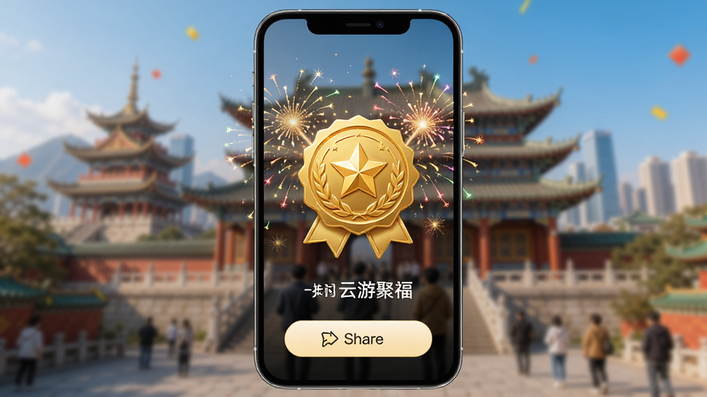 չʾ���ξ۸�App�Ĵ򿨳ɹ����棬�ֻ���Ļ������ʾһö��ɫ���£���Χ���̻���Ч������Ϊģ�����ľ���ʵ��������Ԫ�ذ�����ʱ�䡢�ص����ƺͷ�����ť�������Ӿ�ϲ�죬���ʸ��壬�����ã��ɾ��޶���Ԫ��