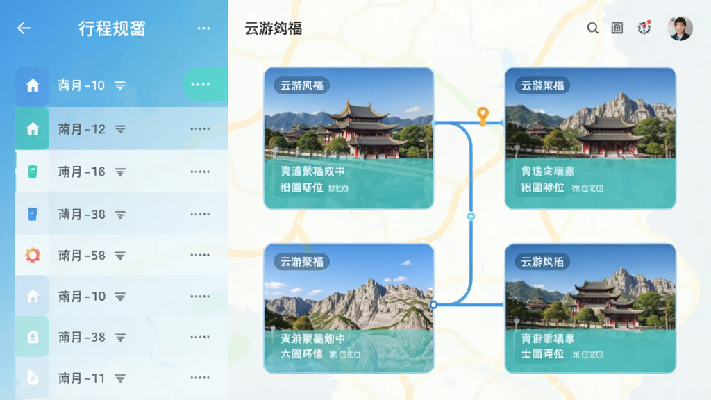 չʾ���ξ۸�App���г̹滮ҳ�棬���Ϊ�����б����Ҳ�Ϊ��Ӧ���㿨Ƭ��·�����ߣ�����Ϊ��ɫ��ͼ�������Ű�����������ƽ����ɫ��������Ϊ�������ʸɾ����޶���Ԫ��
