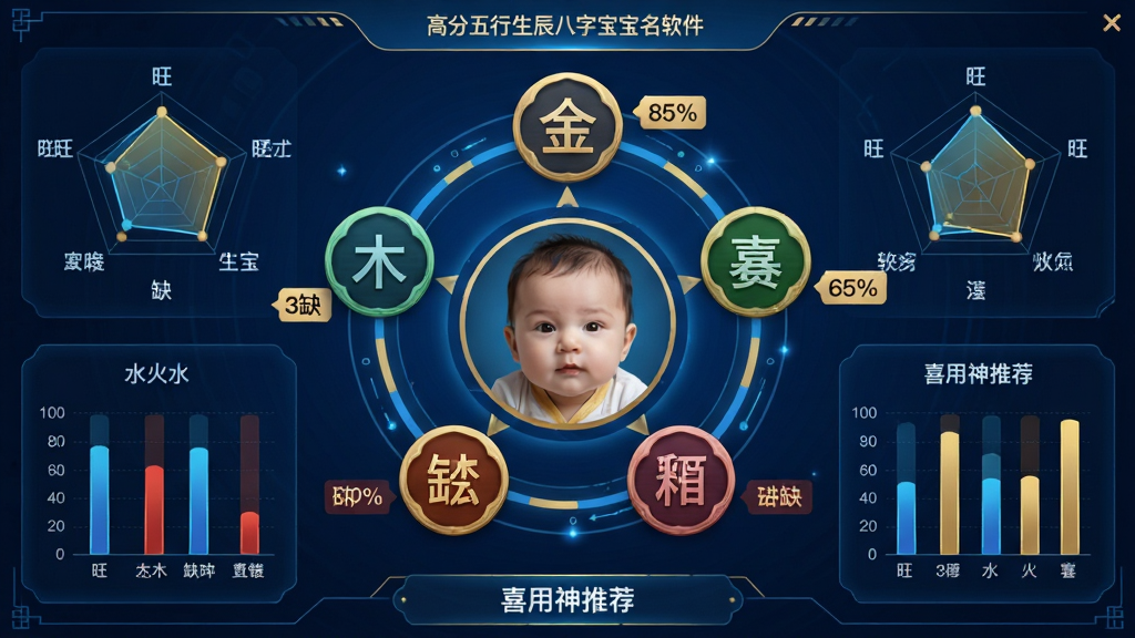 主体:高分五行生辰八字宝宝取名软件的五行分析界面,中心为宝宝头像,四周放射状分布金木水火土五行图标及百分比。布局:中心对称,五行图标环绕。排版:数据可视化,雷达图与条形图结合。风格:科技感与传统文化融合,蓝色与金色主调。细节:每个五行图标旁有“旺”“缺”标签,底部有“喜用神推荐”文字。画质:清晰、精致、无多余元素。