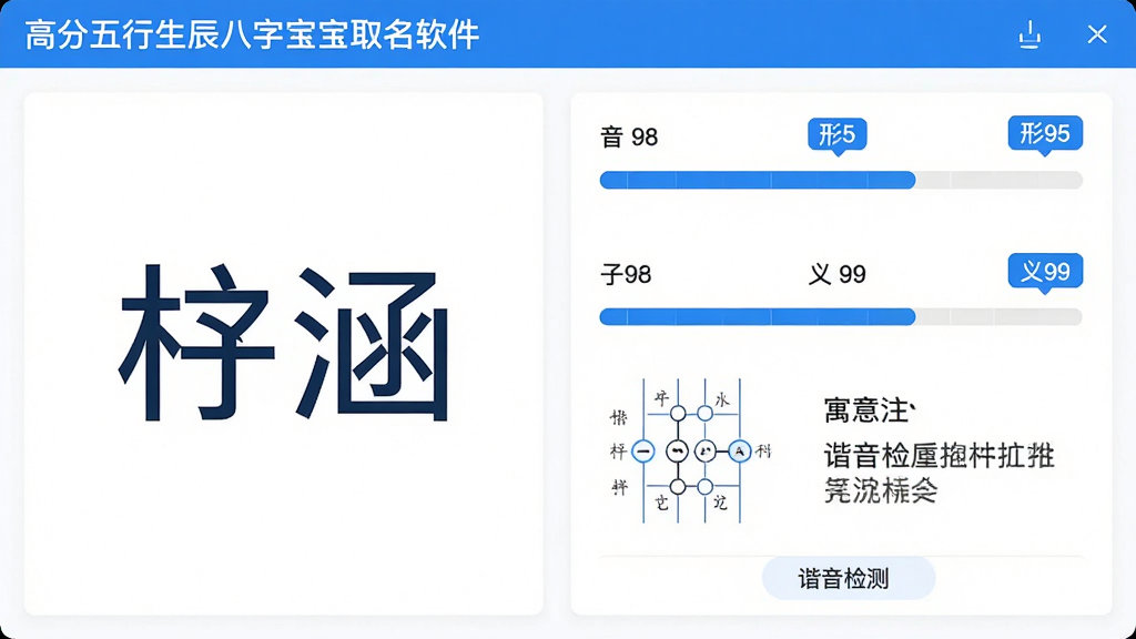 主体:高分五行生辰八字宝宝取名软件的音形义评估界面,展示名字“梓涵”的拼音、声调图、笔画结构图与寓意注释。布局:左侧为名字大字展示,右侧为三项评分条。风格:清新简约,白底蓝字。细节:评分条有“音98”“形95”“义99”标签,底部有“谐音检测”提示。画质:干净、无多余元素。