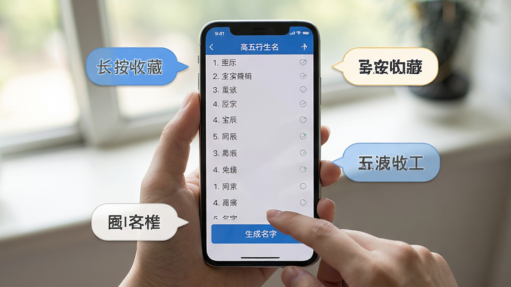 主体:高分五行生辰八字宝宝取名软件在手机上的操作演示,手指点击“生成名字”按钮。布局:手机屏幕居中,周围有操作提示气泡。风格:真实场景照片风格,自然光。细节:屏幕显示名字列表,气泡提示“长按收藏”。画质:高清、干净、无多余元素。