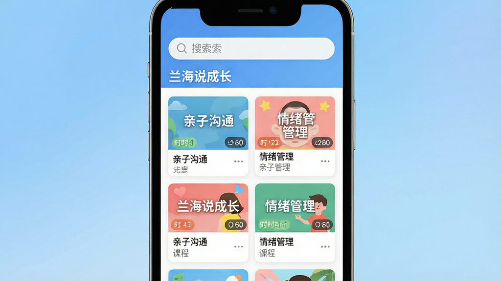 ���壺�ֻ���Ļ��д��չʾ������˵�ɳ���APP����Ƶ�γ��б�ҳ�棬���������������·��Ƿ��������Ŀγ̿�Ƭ�����֣��ֻ����У���Ļ����ռ����������Ϊ��͵Ľ�����ɫ���Ű棺�γ̿�Ƭ�������У�ÿ�ſ�Ƭ���пγ̱����ʱ����ǩ����������������ִ���ƽ��UI��Ʒ��ɫ�����졣ϸ�ڣ���Ļ����ʾ������˵�ɳ����������Լ������ӹ�ͨ�����������������ȷ����ǩ�����ʣ����壬�ɾ����޶���Ԫ�ء�