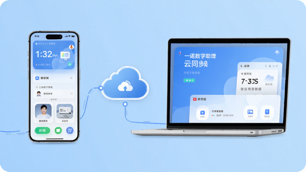 一诺数字助理云同步概念图,画面左侧是一部手机,右侧是一台笔记本电脑,中间以云朵图标连接,背景为浅蓝色渐变,整体风格科技感十足,画质干净,无多余元素。