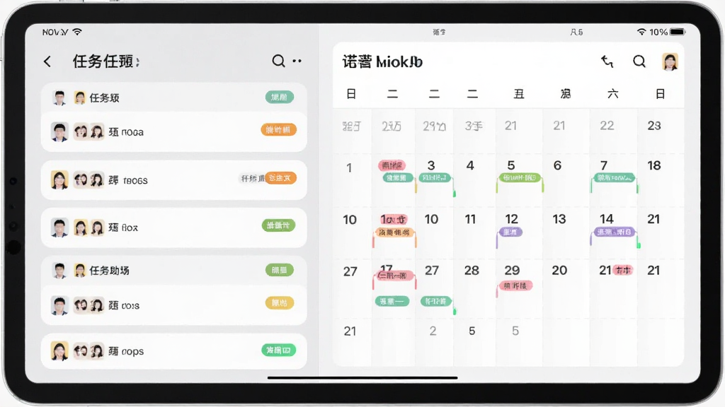 展示一诺数字助理在平板电脑上的任务管理界面,左侧为任务列表,右侧为日历视图,不同颜色的标签区分任务优先级,界面采用卡片式设计,圆角边框,背景为浅灰色,整体风格清晰直观,画质干净,无多余元素。
