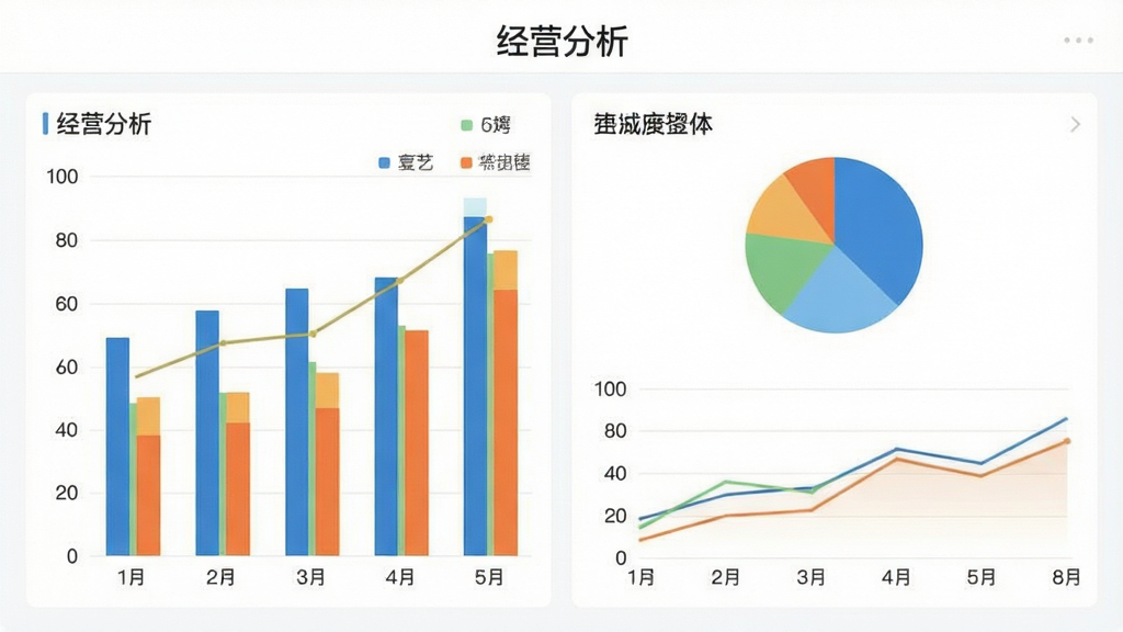 一诺数字助理应用的数据报表页面,展示柱状图、饼图与折线图,图表色彩丰富但协调,背景为白色,界面顶部显示“经营分析”字样,整体风格专业清爽,画质干净,无多余元素。