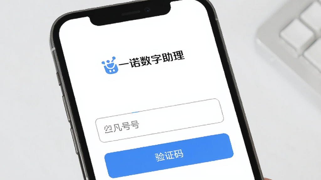 一诺数字助理在手机上的登录页面,界面包含手机号输入框和验证码按钮,背景为白色,顶部显示一诺数字助理的Logo,整体风格简洁,画质干净,无多余元素。