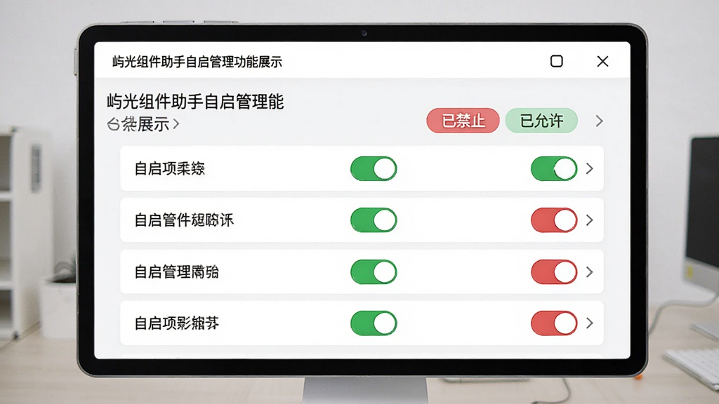 屿光组件助手自启管理功能展示,屏幕显示自启项列表,每个项目有开关按钮,顶部有“已禁止”和“已允许”的统计标签,整体界面以白色为主,搭配绿色和红色开关,风格简洁明了,画质高清,无多余元素