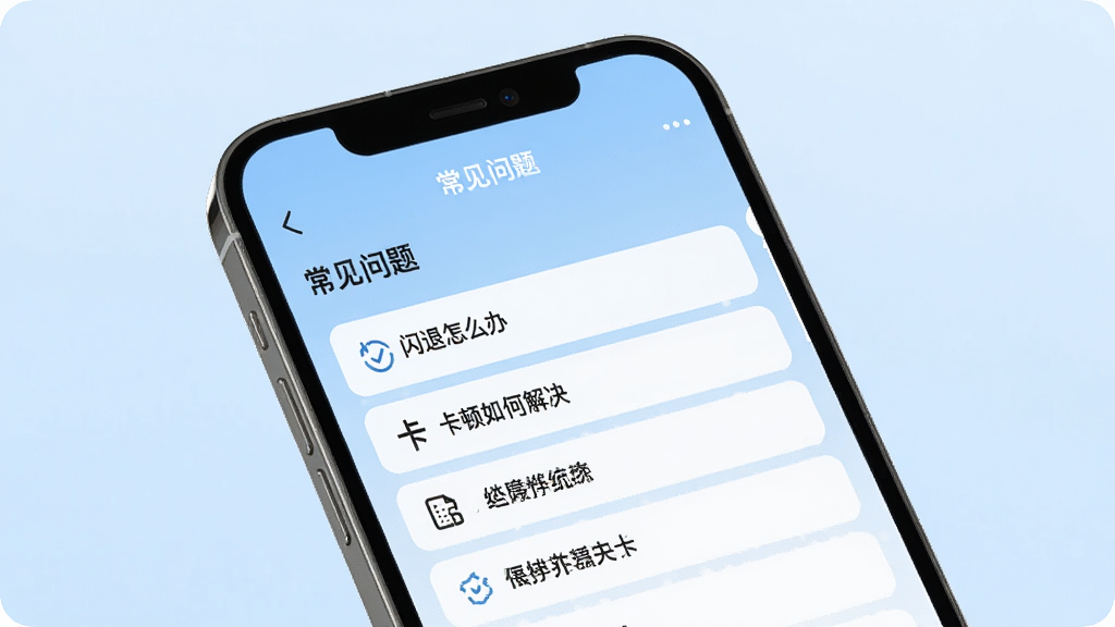 屿光组件助手故障排除界面示意图,手机屏幕显示“常见问题”列表,包含“闪退怎么办”、“卡顿如何解决”等选项,背景为浅蓝色,整体风格清新,画质高清,无多余元素
