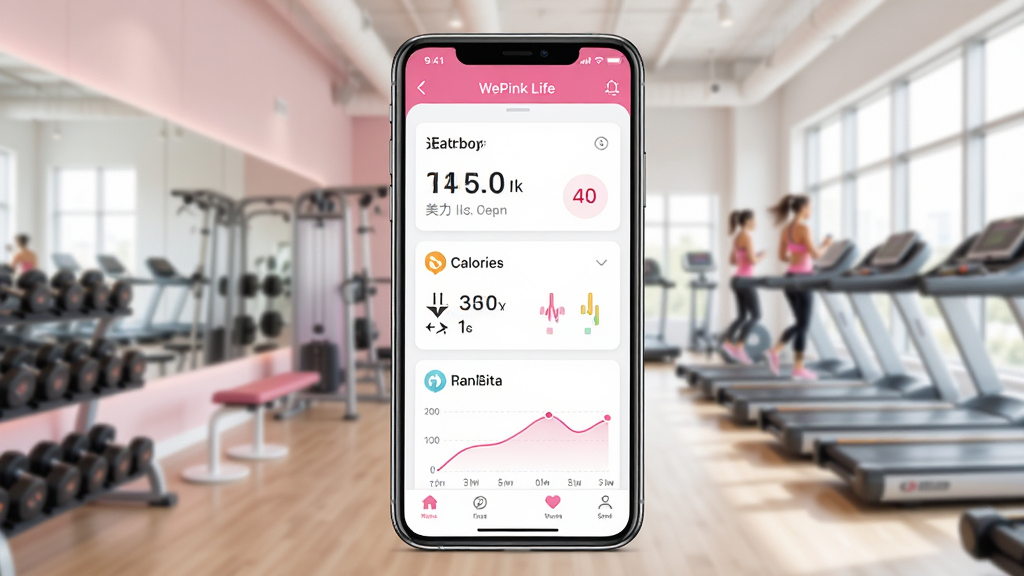 一张展示美力人生 WePink Life 应用界面的高清预览图,画面中央是一部智能手机,屏幕内显示着健康数据看板,包含运动步数、卡路里消耗和体脂率曲线,背景是明亮的健身房场景,色调以粉色和白色为主,风格清新现代,画质细腻干净,无多余元素