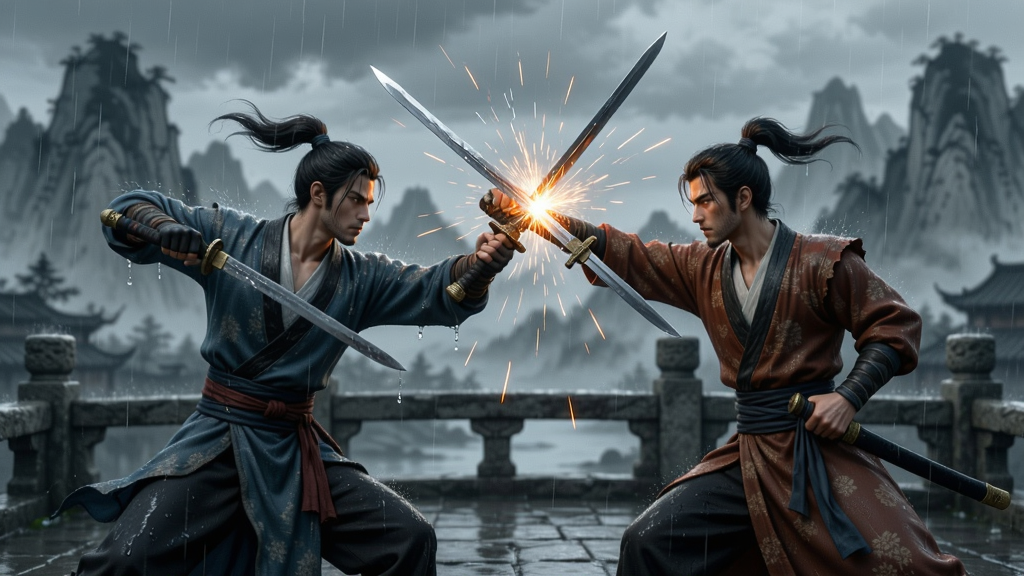 战斗场景截图,两名侠客在雨中石桥上对决,刀剑相击迸出火花,雨滴飞溅,角色动作定格在格挡瞬间,画面充满张力,背景是水墨风格的远山,细节丰富,画质清晰,干净无多余元素