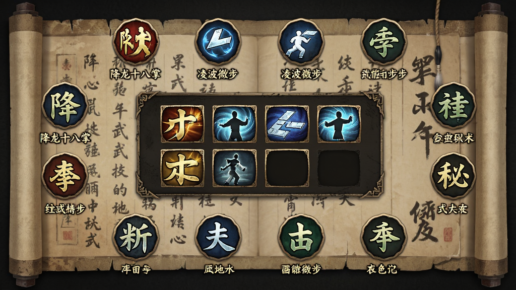 技能展示界面,画面中央是角色技能栏,周围环绕着各种武学图标,如“降龙十八掌”“凌波微步”等,背景是古风武学秘籍的卷轴,整体排版整洁,风格古朴素雅,细节精致,画质高清,干净无多余元素