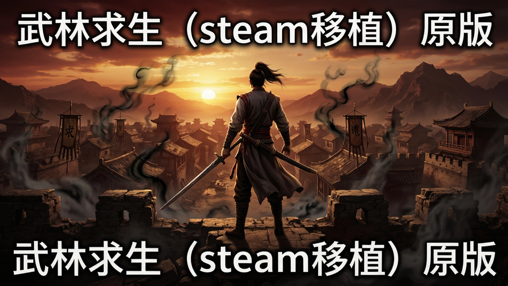 游戏主视觉图,画面中央一名手持长剑的侠客站在废墟城楼之上,背景是夕阳下的古代城镇与远处山峦,周围有隐约的毒圈雾气,整体风格写实且充满肃杀之气,色调以暗红与金黄为主,画面干净无多余元素,文字标注“武林求生(steam移植)原版”
