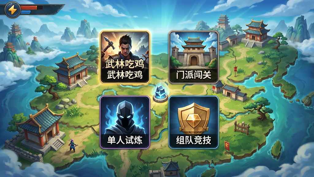 游戏模式选择界面,画面中央是四个模式图标,分别标注“武林吃鸡”“门派闯关”“单人试炼”“组队竞技”,背景是动态的古风游戏世界地图,整体排版简洁清晰,风格明亮,细节丰富,画质高清,干净无多余元素