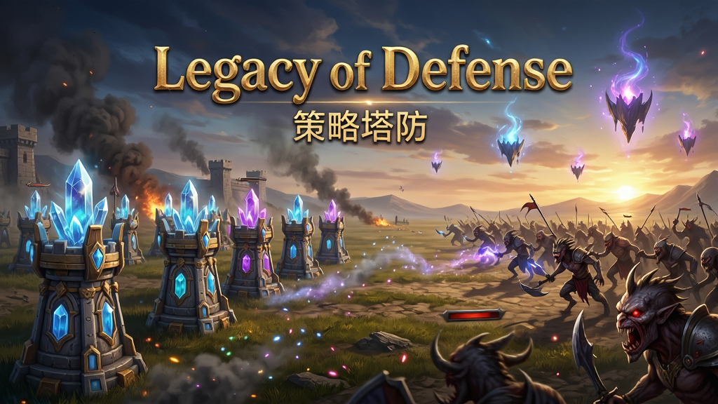 主体:游戏主界面全景,展示“Legacy of Defense”的幻想风格战场,前景是排列整齐的防御塔,远处是涌来的敌人。布局:采用黄金分割构图,防御塔在画面左侧形成防线,敌人从右侧地平线出现,天空中漂浮着魔法能量。排版:画面中央上方悬浮着烫金艺术字“Legacy of Defense”,下方带有“策略塔防”字样。风格:写实与奇幻结合,光影层次丰富,色彩浓郁,具有史诗感。细节:防御塔细节精致,有水晶充能效果,敌人造型狰狞,战场有硝烟与魔法粒子特效。画质:4K高清,细节丰富,画面干净无多余元素。