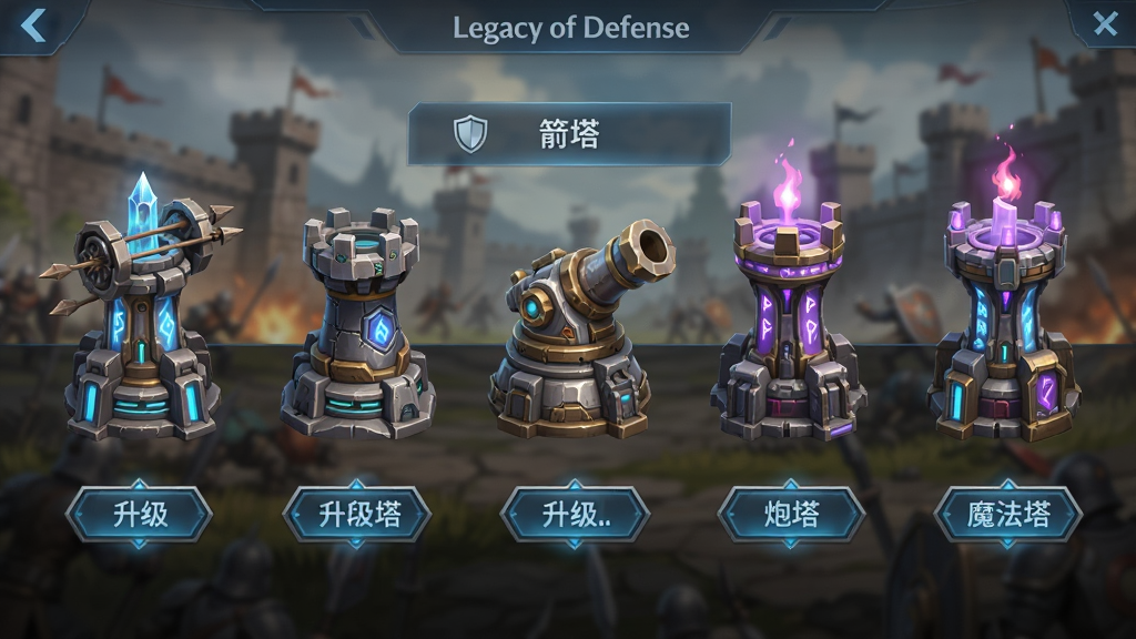 主体:游戏内防御塔升级界面,展示“Legacy of Defense”中多座不同功能的防御塔模型。布局:界面以横向排列方式展示五座代表性防御塔,每座塔下方有升级按钮图标。排版:画面中央有半透明的操作面板,文字标注“箭塔”、“炮塔”、“魔法塔”。风格:UI界面清晰,模型渲染精美,背景为战场虚化。细节:防御塔模型有科技与魔法结合的质感,升级按钮带有发光效果。画质:高清渲染,画面锐利,无多余UI干扰。