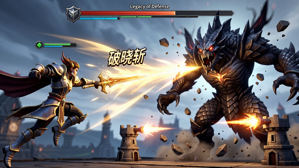主体:游戏实战画面,展示“Legacy of Defense”中英雄使用技能对抗BOSS。布局:画面左侧为英雄释放金色剑气,右侧为庞大的暗影BOSS,防御塔在下方输出。排版:技能特效带有文字“破晓斩”,BOSS血条在画面上方。风格:动态感强烈,特效华丽,色彩对比鲜明。细节:英雄动作张力十足,BOSS鳞片清晰可见,有碎裂的石块飞溅。画质:高动态范围,动作流畅,画面干净无UI干扰。