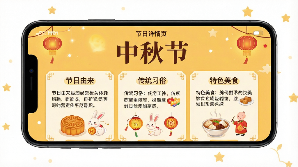 一张智能手机横屏截图,画面展示《传统佳节日历大全》的“节日详情页”,页面以暖黄色为背景,上方是“中秋节”三个大字,下方分为“节日由来”、“传统习俗”、“特色美食”三个板块,每个板块配有一张小插图,如月饼、兔子灯等。页面设计美观,信息层级分明,文字清晰,整体风格温馨,具有浓郁的中国传统节日氛围,高清画质。