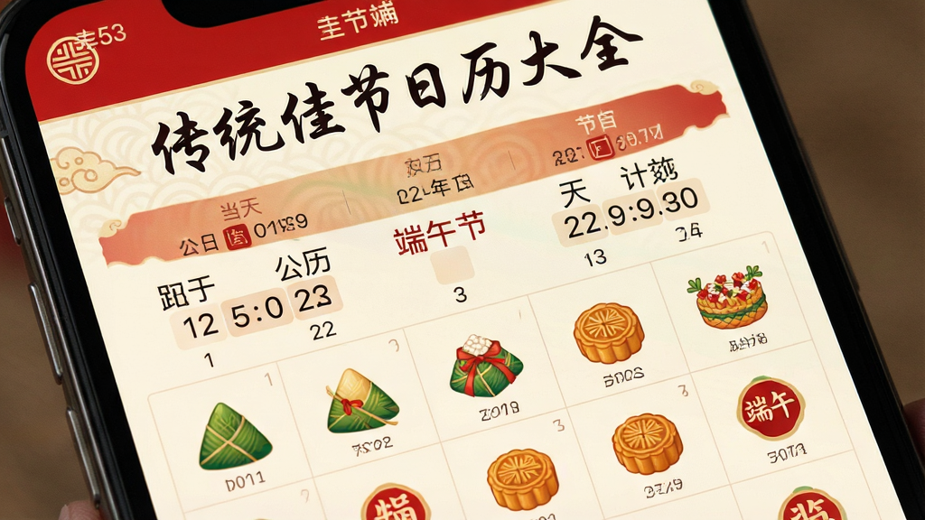 一张手机屏幕特写,屏幕上清晰显示《传统佳节日历大全》APP界面,界面风格古色古香,以中国红和米黄为主色调,主界面展示着当天的农历日期、公历日期以及醒目的节日名称如“端午节”和距离节日到来的天数倒计时。界面布局简洁明了,顶部是软件名称“传统佳节日历大全”的书法字体,下方是日历网格,节日图标用粽子、月饼等特色图案点缀。画面干净,无多余元素,高清画质,充满中国风韵味。