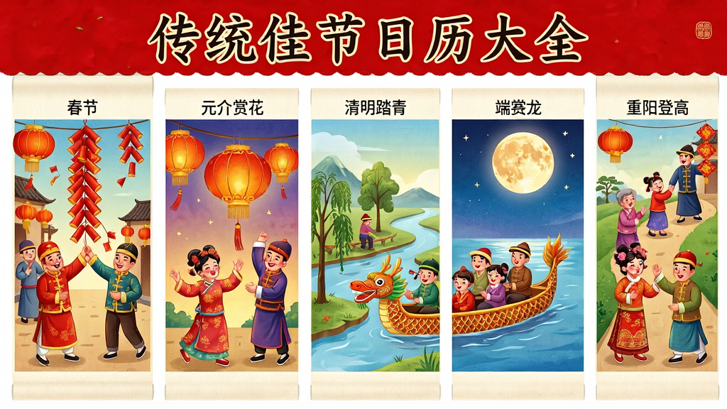 一幅中国传统节日的插画长卷,画面从左到右依次描绘了春节放鞭炮、元宵赏花灯、清明踏青、端午赛龙舟、中秋赏月、重阳登高等场景。每个节日场景都标注了名称,人物穿着相应节日的传统服饰,表情生动喜悦。画风细腻,色彩鲜艳,具有浓郁的中国民俗风情。画面顶部有醒目的“传统佳节日历大全”字样,整体布局疏密有致,干净整洁,高清画质。