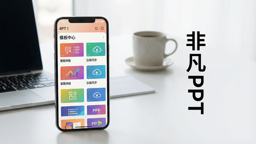 主体:一部智能手机屏幕显示非凡PPT应用主界面,界面包含多个彩色PPT缩略图模板,背景为现代简约办公桌,有笔记本电脑和咖啡杯。布局:手机居中偏左,右侧留白加入文字“非凡PPT”竖排。排版:界面布局清晰,图标整齐排列。风格:扁平化设计,色彩明快,光线柔和。细节:手机屏幕中显示“模板中心”“智能排版”“云端同步”等字样。画质:4K高清,干净,无多余元素。