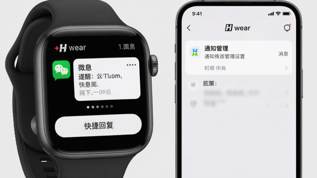 一张H wear通知推送功能的界面演示图,手表屏幕显示一条微信消息提醒,下方有“快捷回复”按钮,手机屏幕显示H wear应用的通知管理设置页面,背景为浅灰色,整体布局清晰,突出消息推送的实时性和便捷性,画质干净,无多余元素。