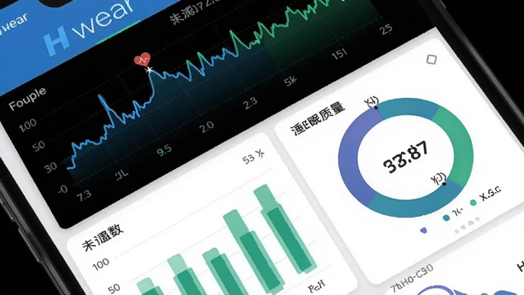一张H wear健康数据统计界面的预览图,手机屏幕上显示心率曲线、步数柱状图、睡眠质量环形图等数据可视化元素,配色以蓝色和绿色为主,背景为白色,整体风格清爽简洁,突出“H wear”品牌标识,画质干净,无多余元素。