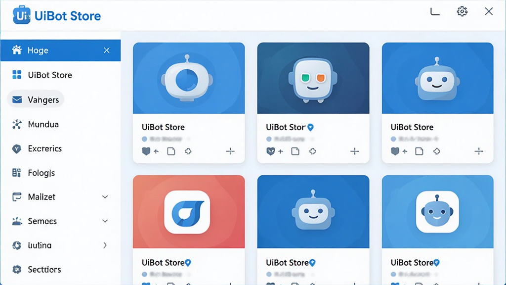 图片展示UiBot Store软件主界面,左侧为分类导航栏,右侧为应用卡片瀑布流,整体采用蓝白配色,扁平化设计风格,界面干净明亮,无多余元素,高分辨率,清晰展示软件名称“UiBot Store”在左上角Logo位置。