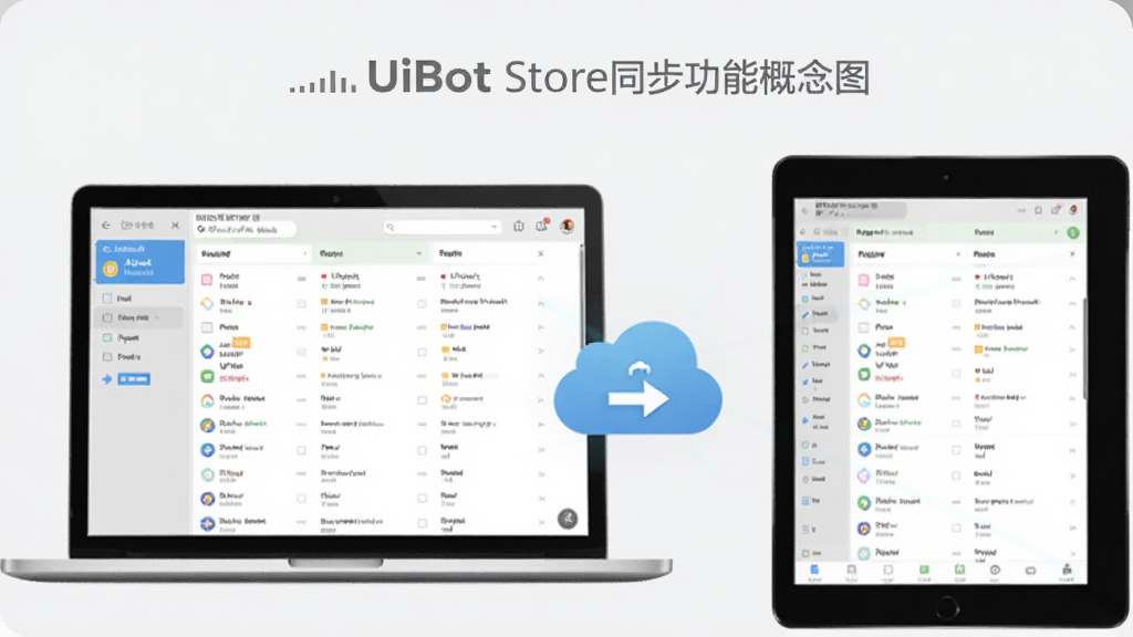 UiBot Store同步功能概念图,画面展示一台笔记本电脑与一台平板电脑并排,屏幕中显示相同应用列表,中间有云朵同步图标,背景浅灰,风格简洁科技感,整体干净明亮。
