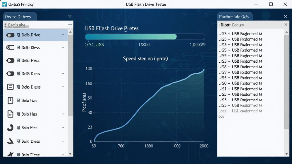 USB Flash Drive Tester 软件主界面截图,深蓝色背景,中央显示U盘检测进度条与速度曲线,左侧为设备列表,右侧为日志区域,整体布局简洁专业,科技感强,高清画质,干净无多余元素