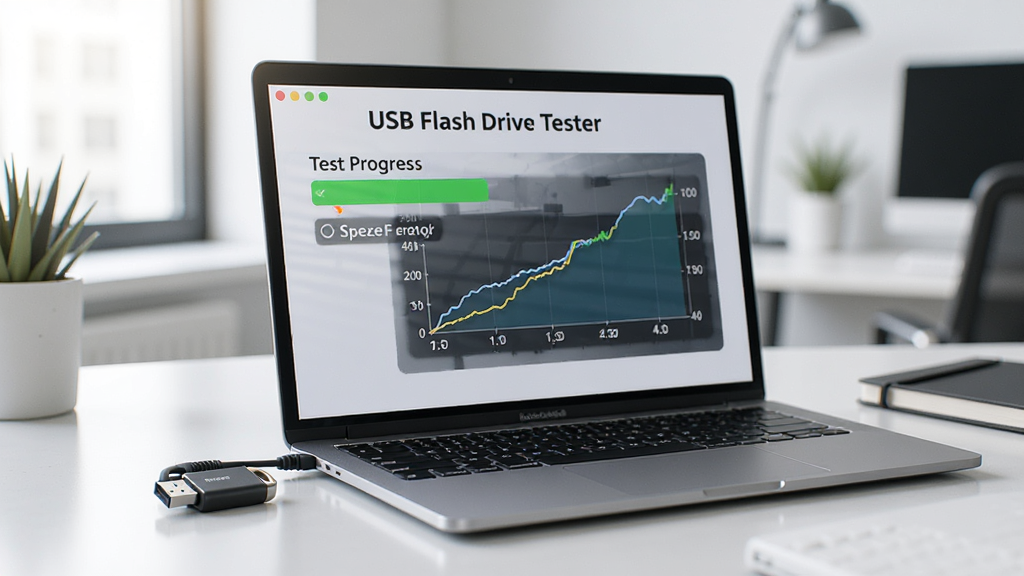 USB Flash Drive Tester 运行在笔记本电脑上的场景,屏幕显示测试进度与速度曲线,旁边放置一个U盘,环境明亮,现代办公桌,高清摄影,画质细腻,干净整洁