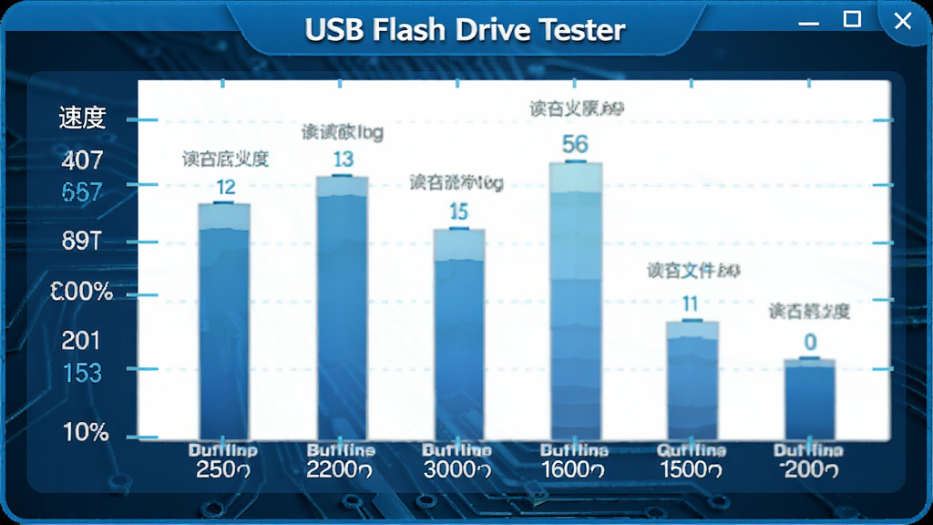 USB Flash Drive Tester 速度测试图表界面,柱状图显示读写速度,左侧为速度数值,底部为测试文件大小,整体配色清爽,科技蓝为主调,高清渲染,细节丰富,干净背景