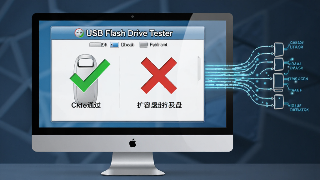 USB Flash Drive Tester 容量验证过程示意图,电脑屏幕显示U盘容量检测结果,绿色对勾表示通过,红色叉号表示扩容盘,旁边有数据流线条,风格写实,画质清晰,布局简洁,无多余元素