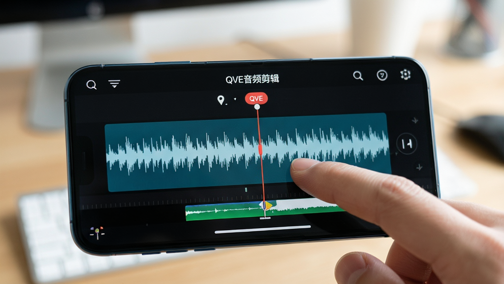 主体:一部智能手机横屏运行QVE音频剪辑App,屏幕上显示波形编辑界面,手指正在拖动裁剪线。布局:手机居中,背景为模糊的桌面环境。排版:手机屏幕内容清晰展示,突出触摸操作。风格:写实摄影风格,光线明亮。细节:手机屏幕上有“QVE音频剪辑”字样,裁剪线为红色,手指轻触屏幕。画质:高清,干净,无多余元素。