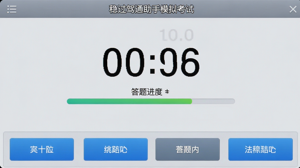 稳过驾通助手模拟考试界面截图,屏幕中央显示倒计时与答题进度条,下方为选项按钮,背景采用浅灰色调,模拟真实考试氛围,界面信息层级分明,画质干净无多余元素。
