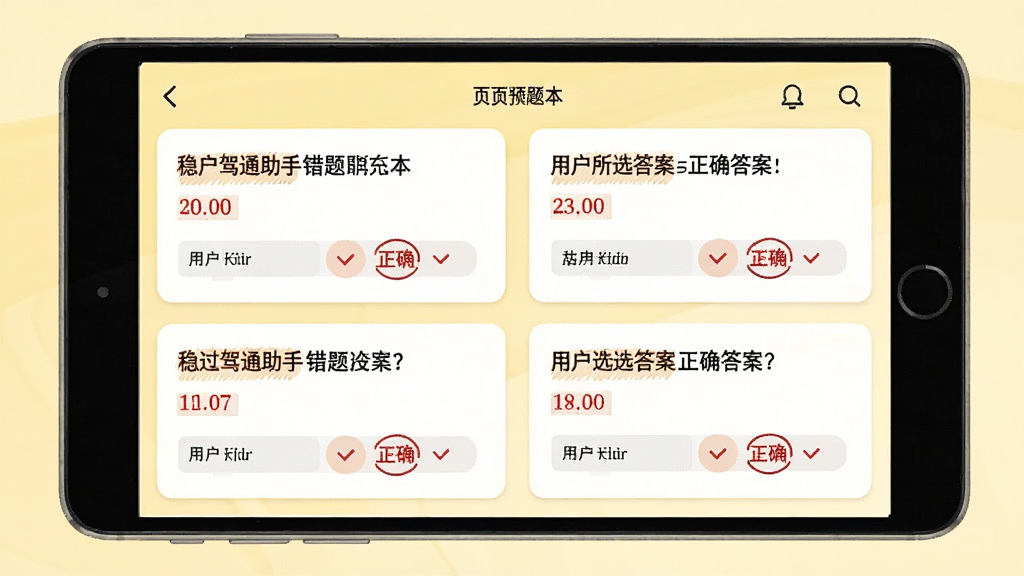 稳过驾通助手错题本页面预览图,界面采用卡片式设计,每条错题显示题目内容、用户所选答案与正确答案,背景为淡黄色调,重点文字用红色标注,整体视觉清晰直观,画质干净无多余元素。