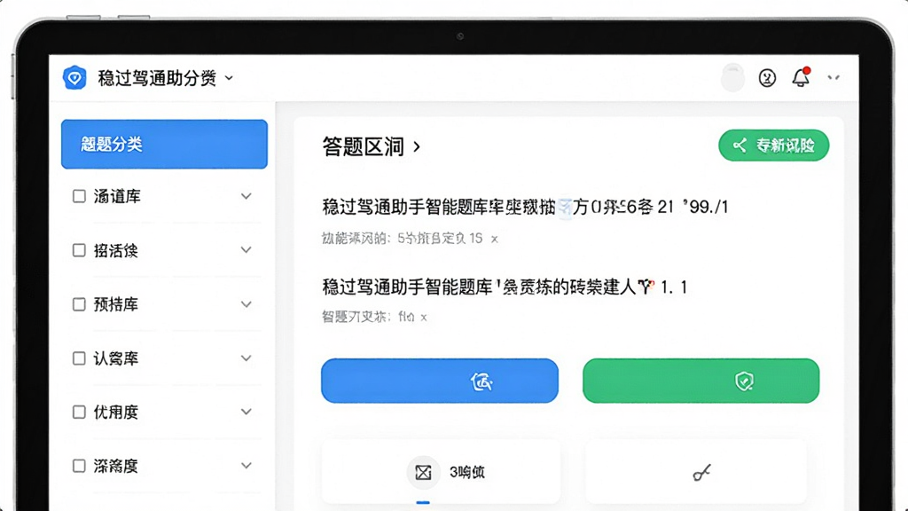 稳过驾通助手智能题库界面预览图,左侧显示题目分类列表,右侧为答题区域,界面以白色为主色调,辅以蓝色和绿色高亮按钮,题目文字清晰可读,整体布局清爽有序,画质干净无多余元素。