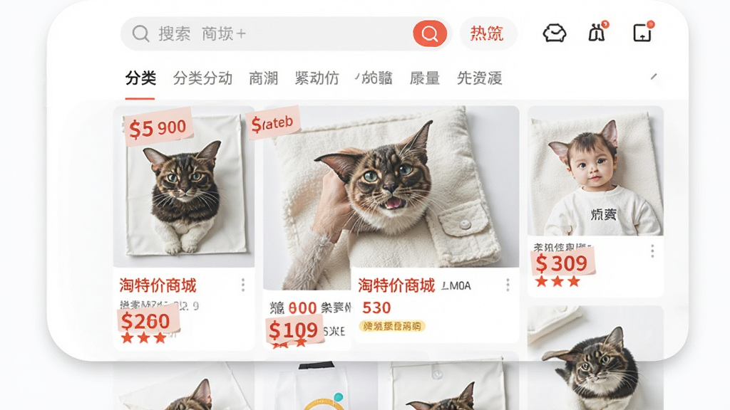 淘特价商城购物应用界面预览图,展示首页商品瀑布流布局,顶部搜索栏与分类导航,整体风格清新明亮,商品图片清晰,价格标签醒目,手机UI设计现代简洁,画质干净,无多余元素