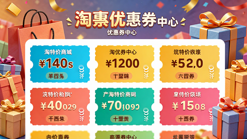 淘特价商城优惠券中心页面,以卡片形式展示多张优惠券,券面金额醒目,色彩鲜艳,背景有购物袋和礼盒元素,整体风格活泼,促销氛围浓厚,画质高清,无多余元素
