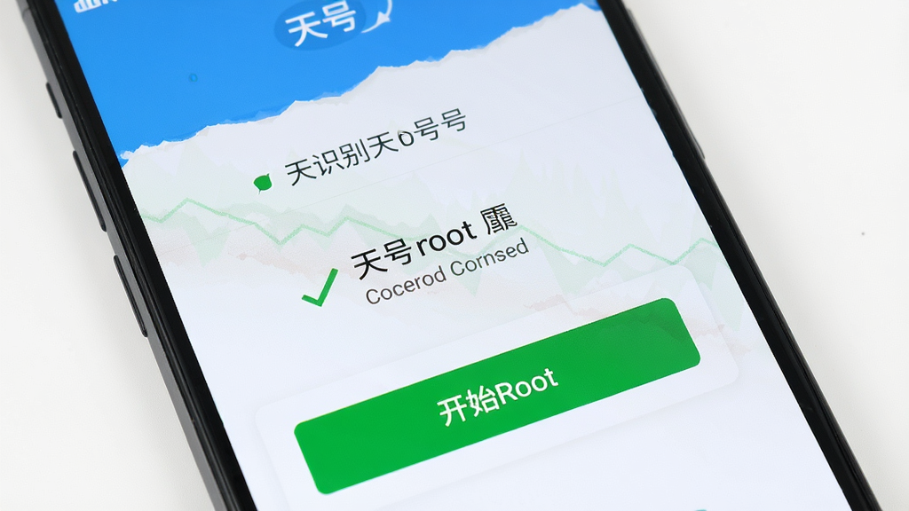 一张展示天天root软件主界面的高清图片,主体是智能手机屏幕内显示天天root的简洁操作界面,布局以居中按钮为核心,排版清晰,风格为现代扁平化设计,细节包括手机型号识别成功提示和“开始Root”绿色按钮,画质清晰细腻,干净无多余元素。