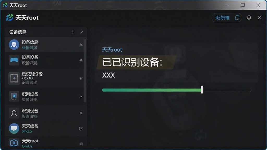 一张展示天天root智能识别设备过程的界面截图,主体为电脑屏幕上的天天root软件窗口,布局左侧显示设备信息列表,排版规整,风格为科技感深色UI,细节突出“已识别设备:XXX”高亮字样和匹配进度条,画质清晰,干净无多余元素。